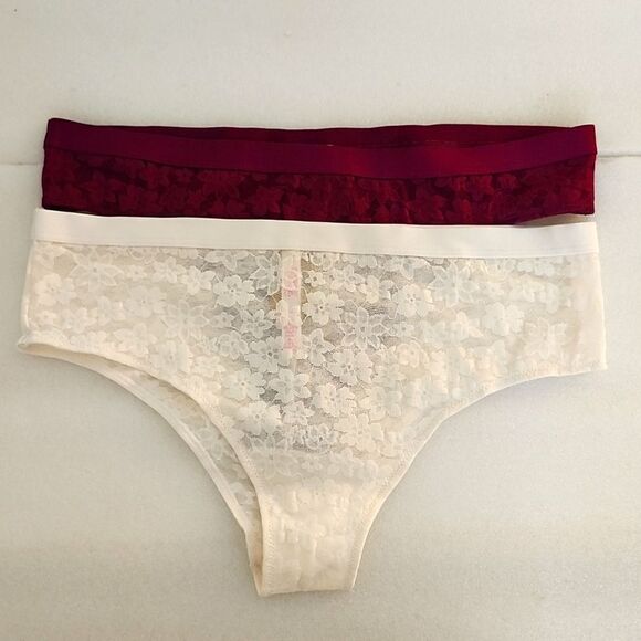 VICTORIA'S SECRET PINK Lacy Panty Bundle White Cheekster + Maroon Thong Large - Picture 1 of 11